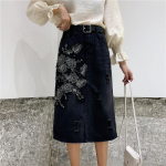 Midi-teksaseelikud Naiste k&otilde;rge v&ouml;&ouml;kohaga helmestega lilleline teksaseelik auguga l&otilde;hestatud teksad sirged seelikud suures suuruses seelik S