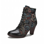 Johnature poolsaapad naiste kingad ehtsast nahast etnilise stiiliga terava ninaga k&auml;sitsi valmistatud mood k&otilde;rged kontsad kaasaegsed saapad 40 must