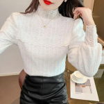 2023. aasta s&uuml;gistalvine naiste heegeldatud žakaarpluus Kontori daami pikkade varrukatega pitss&auml;rk, krae, mood naiste topsid, pluusid 29713 S valge