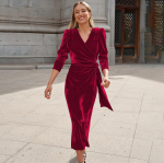 Naiste kevadine &otilde;htukleit pikkade varrukatega elegantne V-kaelusega A-joon k&otilde;rge v&ouml;&ouml;koha v&ouml;&ouml;ga pikad sametkleidid &uuml;hev&auml;rvilised S punane