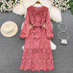 Kevad-s&uuml;gis punane/kollane/lilla/sinine &otilde;&otilde;nsa tikitud pikk kleit naiste vintage pits-puhvis varrukatega pidu Maxi Vestidos One Size