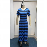Women's short-sleeved V-neck loose slit striped long dress L sinine