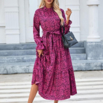 GMXIA Kevadine mustriga p&uuml;stkrae volangidega pikkade varrukatega paeltega v&ouml;&ouml;kohaga kleit S roosa punane v&auml;rv