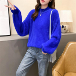 S&uuml;gis- ja talvine Korea stiilis laternavarrukad imitatsioon naaritsast samet, poolk&otilde;rge krae lahtine &uuml;hev&auml;rviline kampsun Pullover kampsun naistele One size kuninglik sinine v&auml;rv
