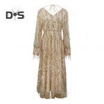 Daami &otilde;htukleit Litritega Tutt Decor V kaelusega pikkade varrukatega A-line plisseeritud kahekihiline &otilde;huke v&ouml;&ouml;koht reguleeritava rihmaga Midi kleit pulmakokteili jaoks S aprikoosi