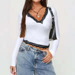 Kevadsuvi naiste pluus Y2K Sweet Spice Style Slim Lace Clash V-kaelusega pikkade varrukatega top S valge
