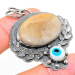 Fossil Coral, Evil Eye 925 Sterling Silver Jewelry Pendant 2.17 e5r38