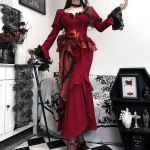 Halloween Punane Vintage Y2k Midi Kleit Naistele Prantsuse Stiilis Patchwork Pits Elegantne Kitsas Seksikas L&otilde;hikuga Kleit Naiste Pikkade Varrukatega Stiilne Peokleit Talv S punane