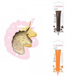 Kit pour biscuit en relief Licorne + 2 Stylos au chocolat marron et orange