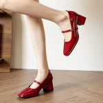 Lakknahast paksud k&otilde;rged kontsad, uus naistesada koos s&otilde;naga k&otilde;rge kontsaga naiste &uuml;hekordsed kingad, naiste k&otilde;rge kontsaga kingad, elegantsed 34 burgundiapunane