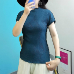 Pleated S050 Summer Cool Embroidered Short Sleeve Women's Slim Top One Size