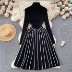 Talvine s&uuml;gisene retro kootud triibuline kleit Turtlen kaelusega pikkade varrukatega k&otilde;hn naiste elegantne v&auml;rviplokk Vintage kampsun A Line kleit One Size
