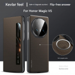 K&otilde;rgekvaliteediline s&uuml;sinikkiust Kevlari nahatunnetusega Magsafe telefonikarp Honor Magic V5 V3 jaoks, nutikas uni, juhtmevaba laadimine, p&otilde;rutuskindel kate Honor magic v5 pruun
