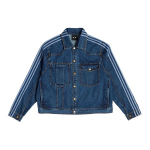 Adidas Originals Trefoil X Ivy Park &uuml;hiskaubam&auml;rgiga triibuline &uuml;herealine vabaaja teksajakk Meeste &uuml;ler&otilde;ivad Sinine HG6544 S