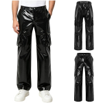 Meeste Y2K Streetwear Cargo P&uuml;ksid L&auml;ikiv PU Nahk Mitmetaskuga Sirge S&auml;&auml;rega Punk P&uuml;ksid Rave Peole Klubi L must