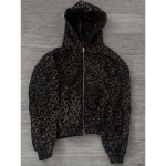 Y2K t&auml;navastiilis dressipluusi ja p&uuml;kste komplekt kivikestega kaunistatud, leopardimustriline, unisex, vabaaja riietus Medium black