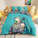 3D Prindi Jaapani Anime Hatsune Miku Voodipesukomplekt Kawaii T&uuml;drukute Tekikoti Komplekt &Uuml;he Inimese Twin T&auml;iskasvanu Queen King Suurus 140X210CM blue