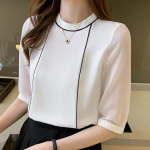 Suvine naiste pluus O-kaelusega tumesinine &scaron;ifoons&auml;rk Kontori Lady Mood l&uuml;hikeste varrukatega riided Blusas Mujer De Moda 2023 Topid 19625 S valge