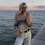 Naiste kudumine soojad V-kaelusega kampsunid &Scaron;ikk pikkade varrukatega triibulise disainiga pulloverid Naiste vabaaja mood avar kampsun S tumepruun v&auml;rv