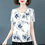 Prinditud naiste j&auml;&auml;siidist T-s&auml;rk avara &uuml;mara kaelusega l&uuml;hikeste varrukatega vabaaja &otilde;huke pullover, suvine uus mood igap&auml;evane riietus XXXL valge