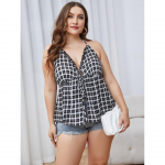 Suures suuruses naiste camisole topsid Mood vabad ruudulised V-kaelusega suvetopid 1XL valge/must