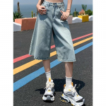 Naiste suve Ameerika vintage kottis kottis teksariidest k&auml;rbitud p&uuml;ksid Naine k&otilde;rge v&ouml;&ouml;kohaga pestud laiad teksad Helesinised lahtised l&uuml;hikesed p&uuml;ksid S sinine