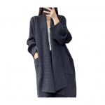 Naiste kampsun, mantel, rev, pikkade varrukatega, ees lahtise kudumisega kardigan suurte taskutega, &uuml;hev&auml;rviline, vabalt liibuv, keskmise pikkusega &uuml;ler&otilde;ivas kohv