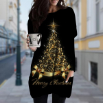 Naiste kuldse j&otilde;ulupuu printimisega riietatud kaelusega kleit kevads&uuml;gisene suures suuruses taskukleit XS kuld