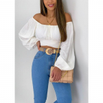 Naiste top &uuml;hev&auml;rviline naba laternaga varrukas, &uuml;he kraega seksikas pitsiline mullvarrukatega s&auml;rk S valge