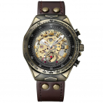 BINBOND Retro Skeleton Steampunk k&auml;ekell meestele pronksist raamiga automaatsed mehaanilised k&auml;ekellad nahast veekindel meeste k&auml;ekell pruun