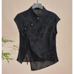 Retro &Otilde;huke S&auml;rk Hiina Stiilis Cheongsam Top Must Žakaarmustriline L&uuml;hikeste Varrukatega T-s&auml;rk Suvine K&uuml;psete Naiste R&otilde;ivastus M must