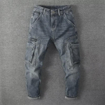 2023 Trendy American Retro Menswear: Loose-Fit Multi-Pocket Straight Jeans for Autumn M sinine