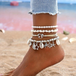 4 Pcs/set Ocean Style Imitation Pearl Shell Chain, Hollow Heart, Starfish Pendant, Women's Anklet Set, Beach Holiday, Beach Party, Summer Gift valge