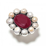 Ruby(Simulated) Pearl Gemstone Handmade 925 Sterling Silver Ring Size 8 c1o53