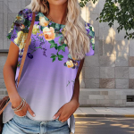Naiste suvine lilleprindiga T-s&auml;rk, retro stiilis l&uuml;hikeste varrukatega t-s&auml;rgid, vabaaja tr&uuml;kitud topid XS lilla