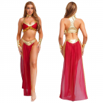 Naiste Vana-Egiptuse kuninganna cosplay kost&uuml;&uuml;m 4-osaline komplekt - l&uuml;hike topp, krae, varrukad ja k&uuml;lgmiste l&otilde;hikutega &scaron;ifoonseelik metallilise l&auml;ikiva lapit&ouml;&ouml;ga M burgundiapunane