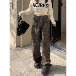 Vintage leopardimustriline Pantalon Femme laia s&auml;&auml;rega p&uuml;ksid naiste k&otilde;rge v&ouml;&ouml;kohaga sirge Y2k teksad vabaaja mood Korea teksap&uuml;ksid XXL