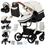 BAZARLAND30.Poussette 3 en 1 B&eacute;b&eacute; Combin&eacute;e Si&egrave;ge-Auto Nacelle Trio R&eacute;versible cuir pu Roues increvables Canne.Blanc valge