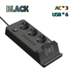 EL-i pistikuga pikendusjuhe juhtmevaba laadijaga &ndash; Mitme pistikupesa ja USB PD laadimispunkt juhtmevaba laadimisalusega AC*3+USB*6 must