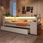 Polsterdatud 140x200 p&auml;evavoodi USB-portide ja LED-riba, laua ja 2 sahtliga, valge 242.5 x 152.5 x 93.5 cm valge