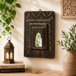 Vana puust peegliraam | K&auml;sitsi nikerdatud vintage India seinakaunistus | Rustikaalne Jharokha peegel 6" x 4.1" x 1" ( h x l x w ) approx black
