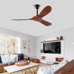 52-tollise laeventilaatori 3 puidust labaga, m&auml;lufunktsiooni, kaugjuhtimispuldi, p&auml;hklitooniga viimistlusega, sise- ja v&auml;litingimustes kasutatav ventilaator terrassile, elutuppa ja magamistuppa 132 x 132 x 32 cm