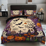 3-osaline Halloweeni teemalise kummituse, nahkhiire ja k&otilde;rvitsa mustriga tekikoti komplekt 1 tekikott+2 padjap&uuml;&uuml;ri (ilma t&auml;idiseta) EU Single 135*200cm/53x79in 3pcs beige