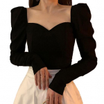 Kevadine uus stiil naiste kaelus, puhvis t&auml;isnurkne varrukas, &otilde;hukese v&auml;rviga pikk T-s&auml;rk pluus S must