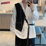 Harajuku meeste lapitehnikas s&auml;rk vabaaja Korea t&auml;navar&otilde;ivad, Vintage Designer V-kaelusega topp poistele, kolledži stiilis M
