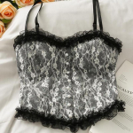 Suvine prantsuse prinditud pits Cami Crop Tank Top kampsun Naiste toruga topp Elegantne &otilde;huke l&uuml;hike vest Y2K t&auml;navar&otilde;ivaste mood must