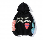 Lucky Me I See Ghosts Kirjatr&uuml;kiga dressipluus Paar Kanye West Graffiti Talvised pulloverid Kapuutsiga kapuuts Hip Hop pikkade varrukatega mantel S must