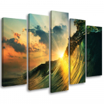Viieosaline pildil&otilde;uenditr&uuml;kk Waves Sea Ocean Sunset 100x70 sinine