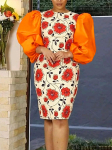 AOMEI tr&uuml;kitud kleit naistele Bodycon, oranž lapikujuline, pikkade varrukatega kaelus Elegantne pidulik pidulik suvine Aafrika kleit 3XL oranž