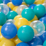 KiddyMooni pehmest plastikust m&auml;ngupallid lastele 100 palli/6cm-2.36in, t&uuml;rkiissinine/sinine/kollane/l&auml;bipaistev 100 Balls/6cm-2.36in